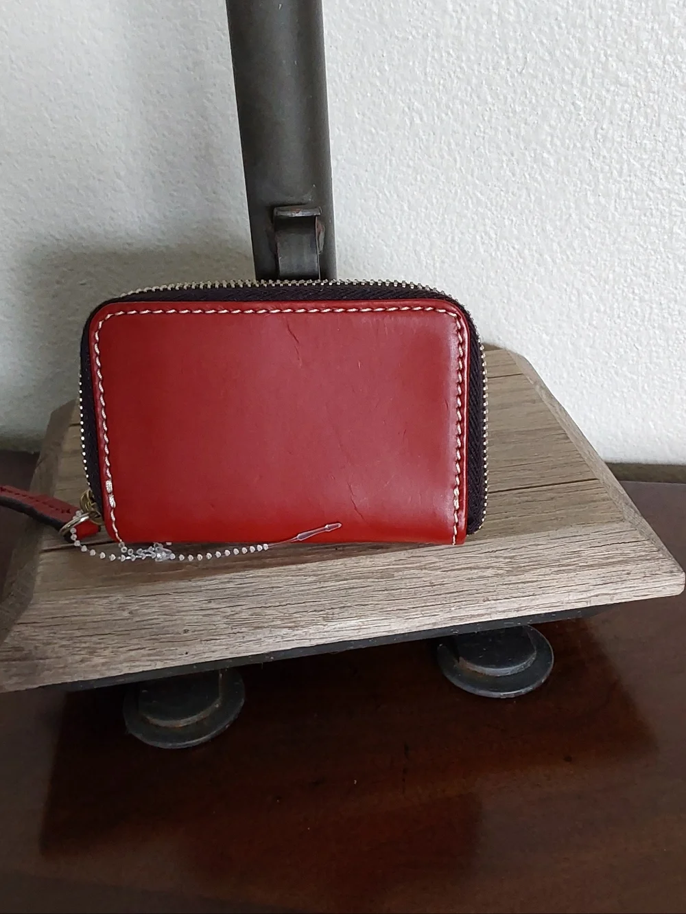 Dooney & Bourke Small Red Leather Zip Card Wallet with Gold Plaque - Picture 3 of 7
